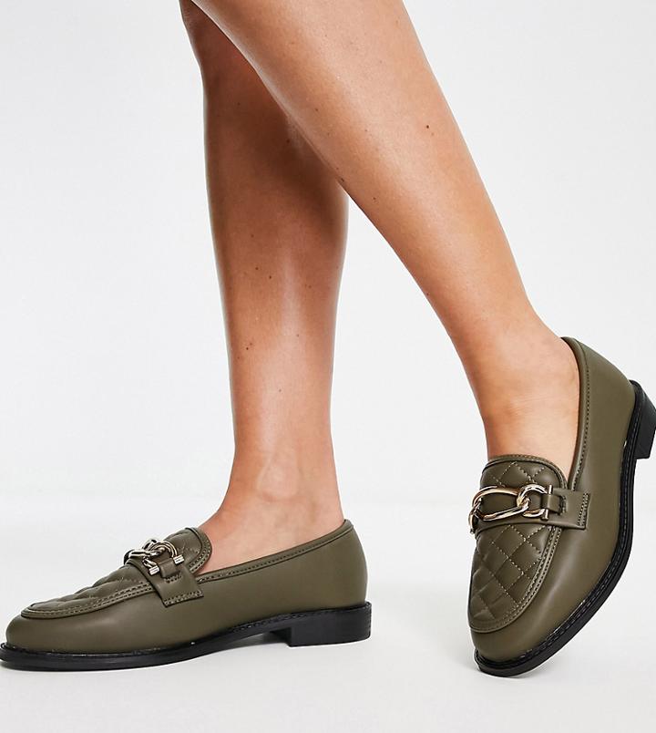 River Island Wide Fit Chain Detail Quilted Loafers In Olive-green