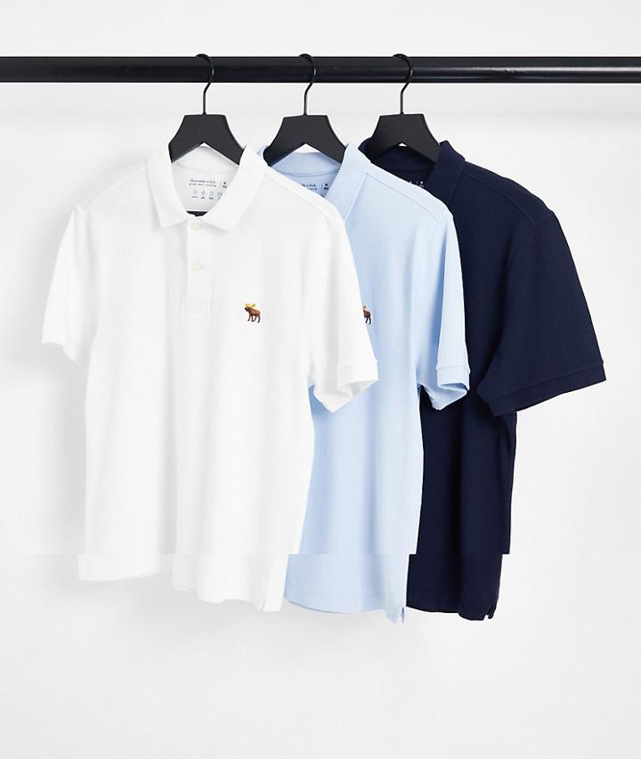 Abercrombie & Fitch 3 Pack 3d Icon Logo Slim Fit Pique Polo In White/blue/navy-multi