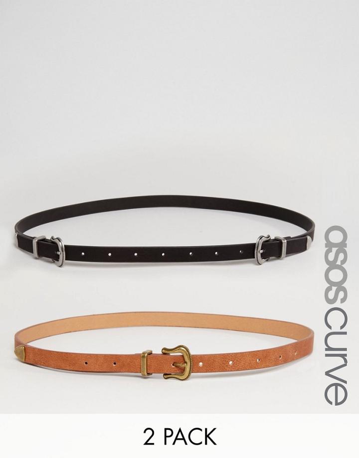 Asos Curve 2 Pack Western Double And Single Buckle Belt - Multi