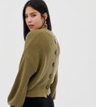 Monki Knitted Sweater With Button Back Detail In Khaki-green