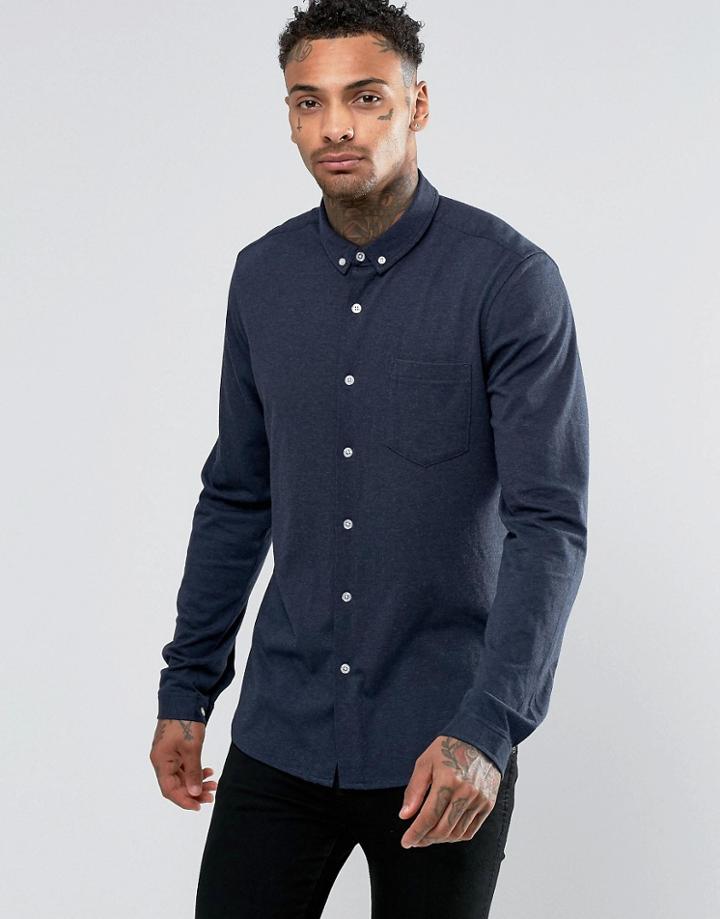 Asos Jersey Shirt In Navy Marl With Long Sleeves - Navy