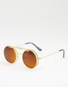 Spitfire Lennon Flip Round Sunglasses In Gold With Brown Lens