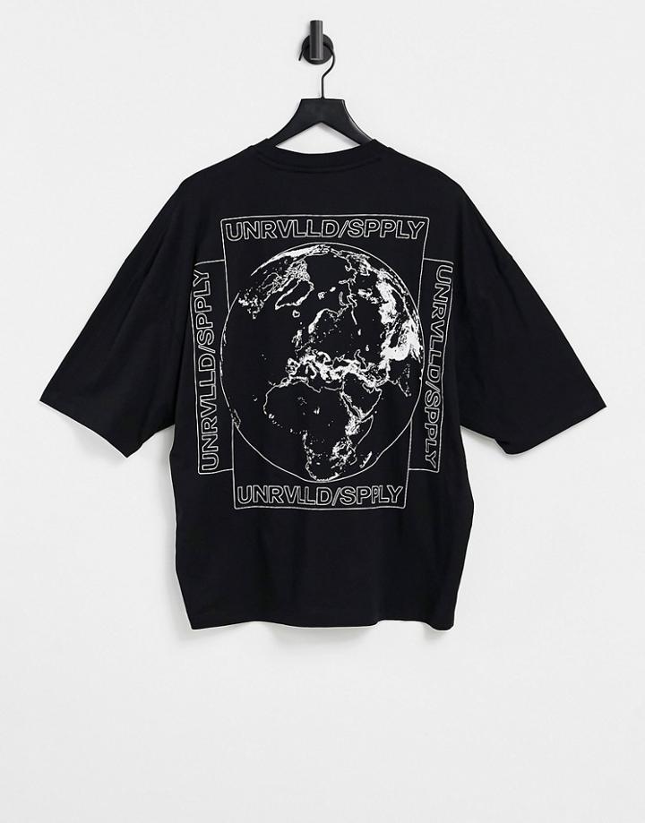 Asos Unrvlld Spply Oversized T-shirt With World Graphic Back Print-black