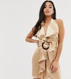 Asos Design Petite Neck Satin Pencil Mini Dress With Wooden Buckle Belt - Gold