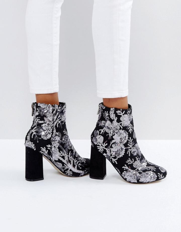 New Look Floral Sequin Embellished Heeled Ankle Boot - Gray