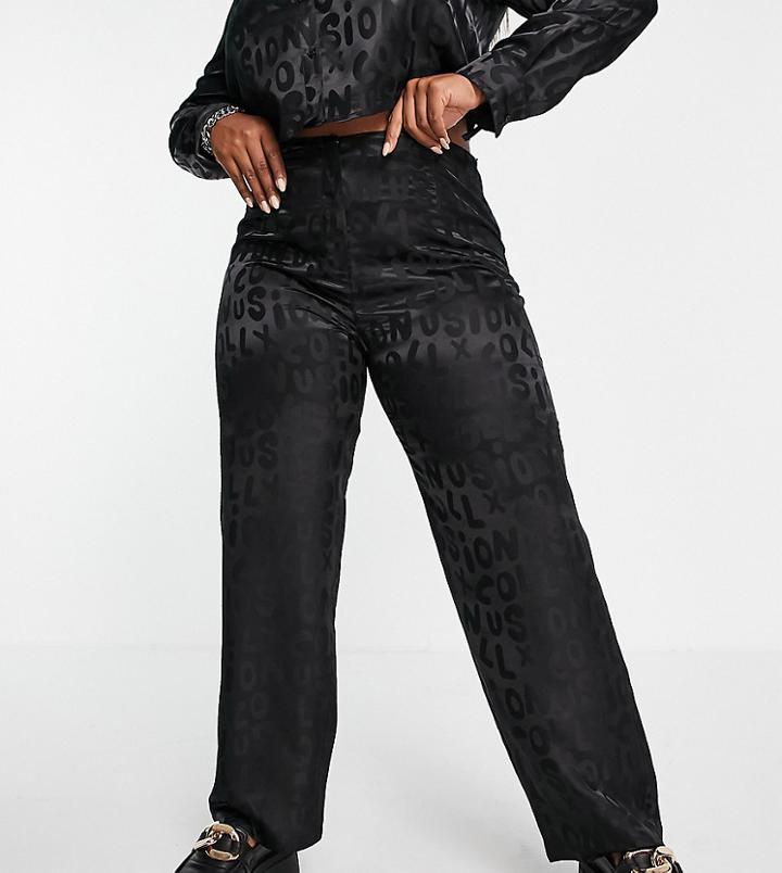 Collusion Plus Satin Pants In Black Branded Jacquard