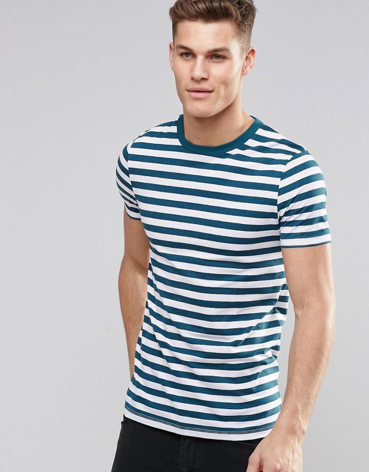 Asos Muscle T-shirt With Stripe In Teal/white - Teal