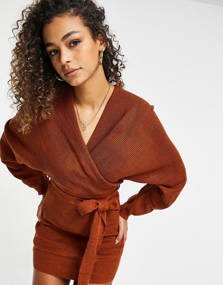 Fashionkilla Knitted Off Shoulder Tie Detail Mini Dress In Chocolate-brown