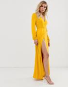 Asos Design Puff Sleeve Wrap Maxi Dress With High Split - Yellow