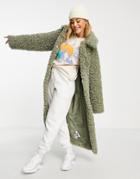Asos Design Collared Sherpa Coat With Belt In Sage-purple