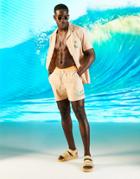Asos Design Set Slim Shorts In Linen Look With Embroidered Palm Tree-neutral