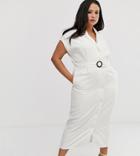 Asos Design Curve Denim Midi Shirt Dress With Belt And Open Back Detail-white