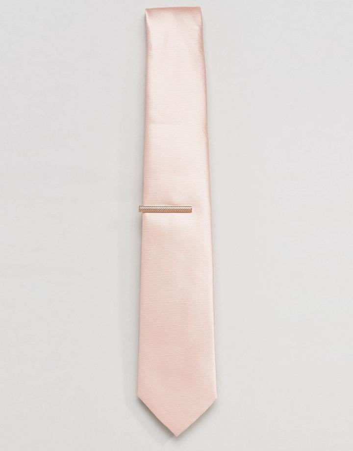 Asos Wedding Tie In Pink With Gold Tie Bar - Pink