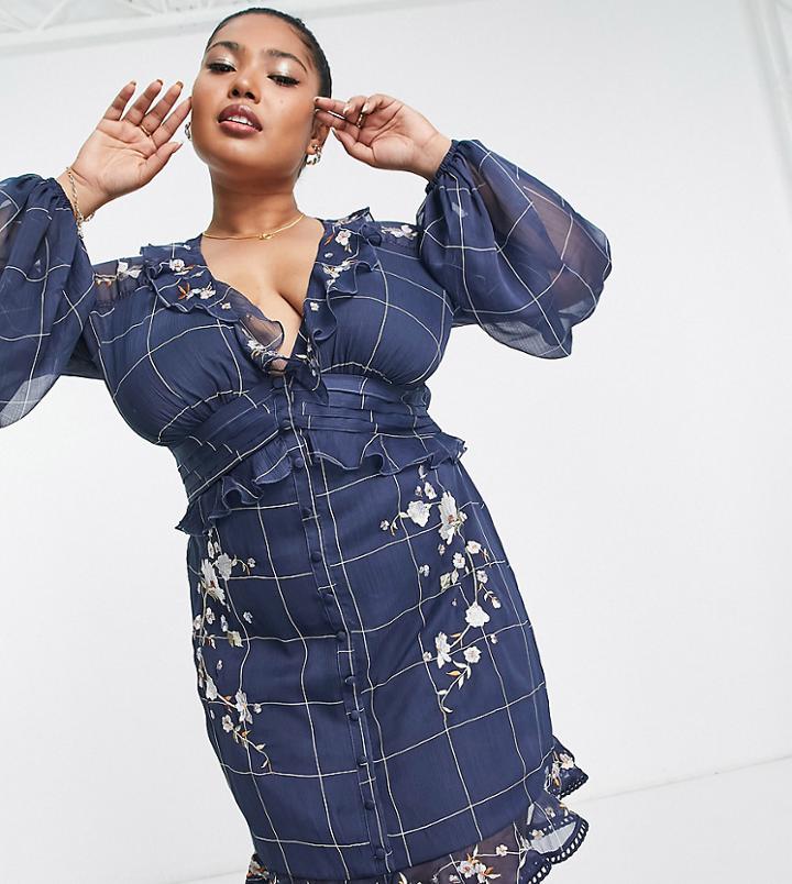 Asos Design Curve Mini Dress In Check Print With Pop Floral Embroidery And Lace Inserts-blue