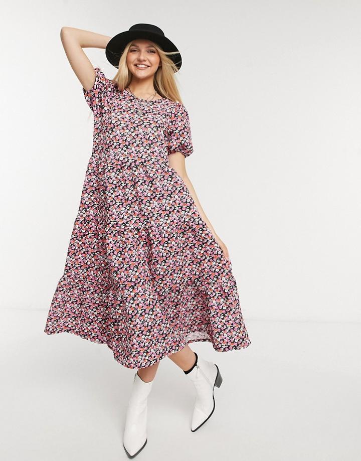 Asos Design Midi Oversized Tiered Smock Dress In Pink Floral Print
