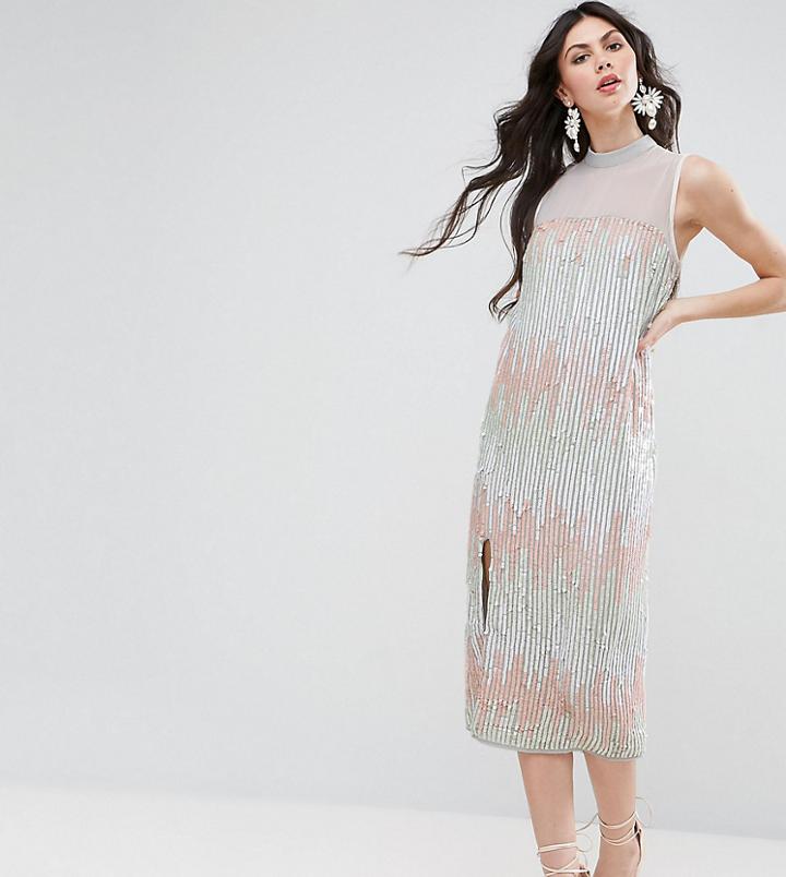 Asos Tall Premium Embellished Stripe Column Midi Dress With High Neck - Multi