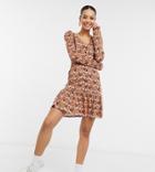 Asos Design Tall Button Through Long Sleeve Tea Dress With Ruffle Hem In Brown Floral