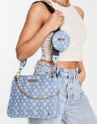 River Island Denim Monogram Cross Body Bag With Pouchette In Light Blue