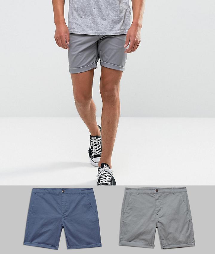 Asos 2 Pack Slim Chino Shorts In Gray & Blue Save - Gray
