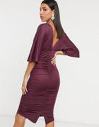 Asos Design Kimono Sleeve Ruched Midi Dress In Plum-purple