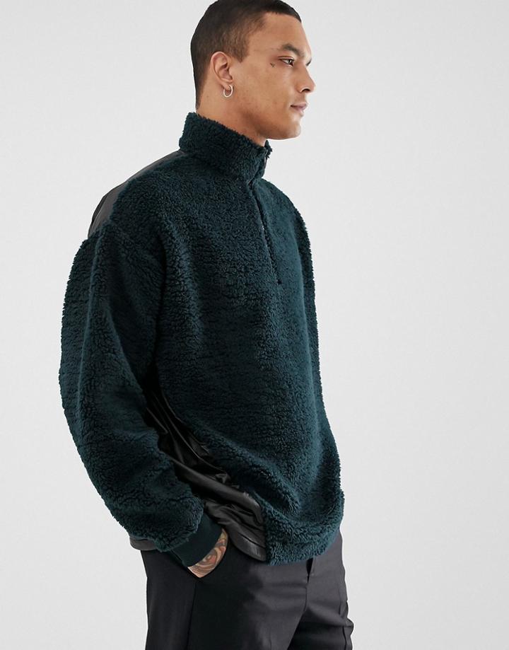 Asos Design Oversized Half Zip Sweatshirt With Contrast Back Panel In Green Borg - Green
