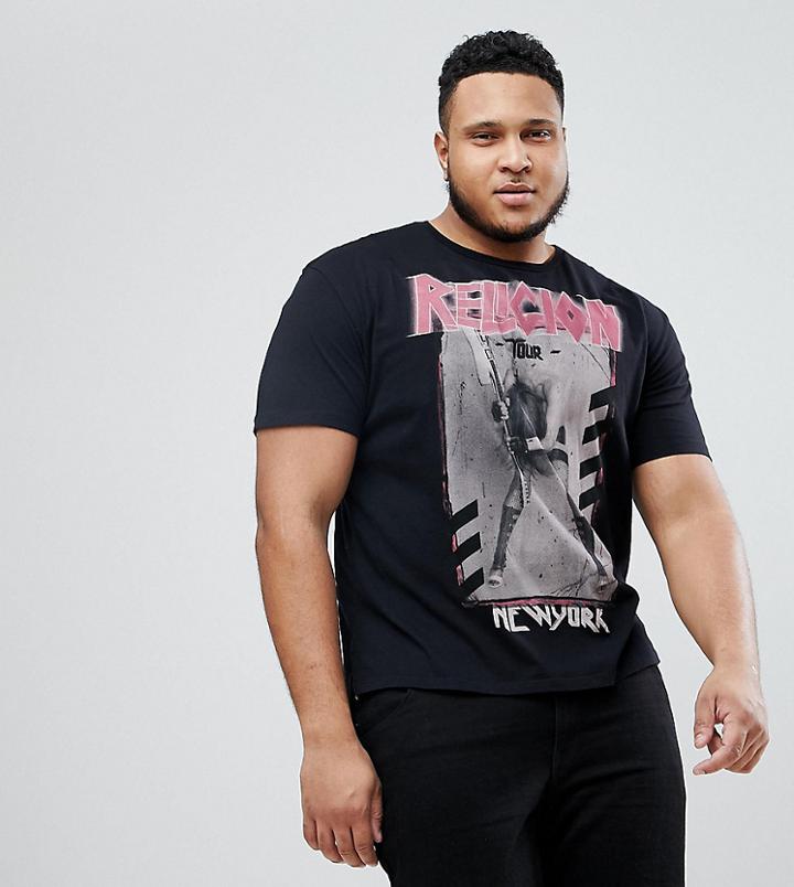 Religion Plus T-shirt With Stepped Hem And New York Tour Print - Black