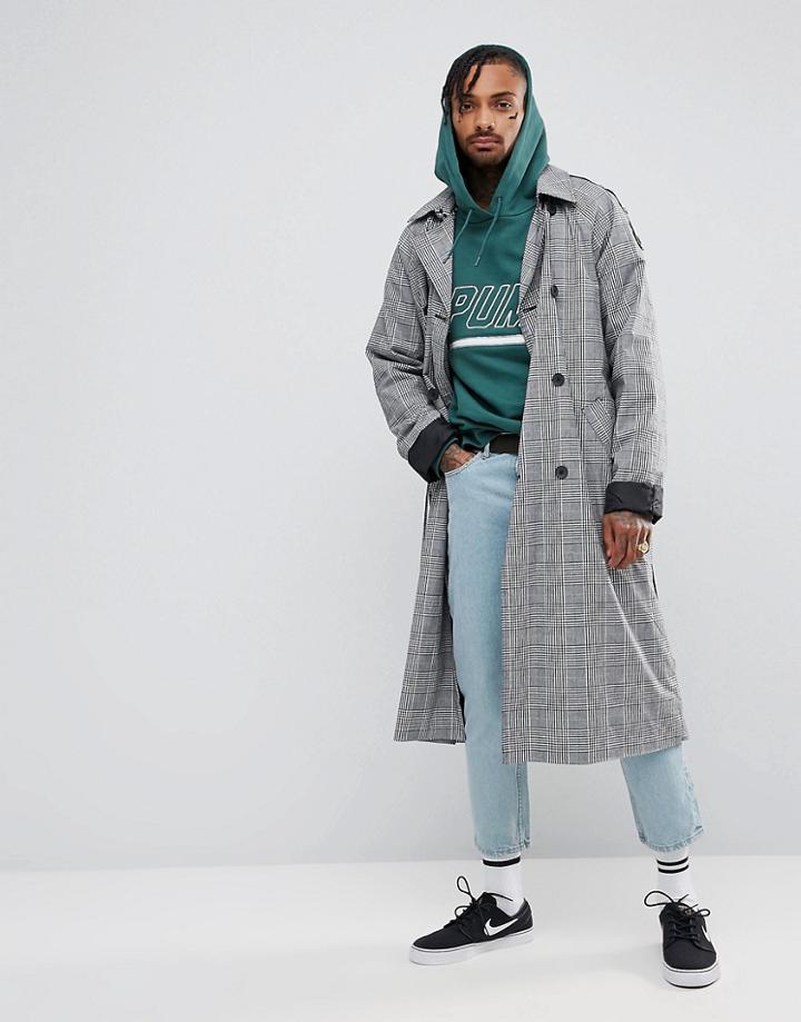 Asos Oversized Trench Coat In Prince Of Wales Check - Black