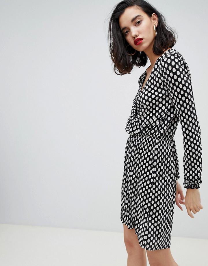 River Island Plisse Mini Dress In Polka Dot Print-black
