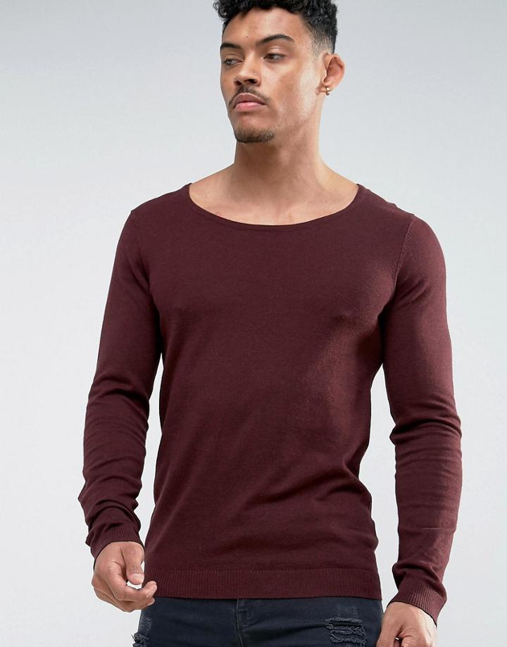Asos Scoop Neck Muscle Fit Sweater In Burgundy - Red