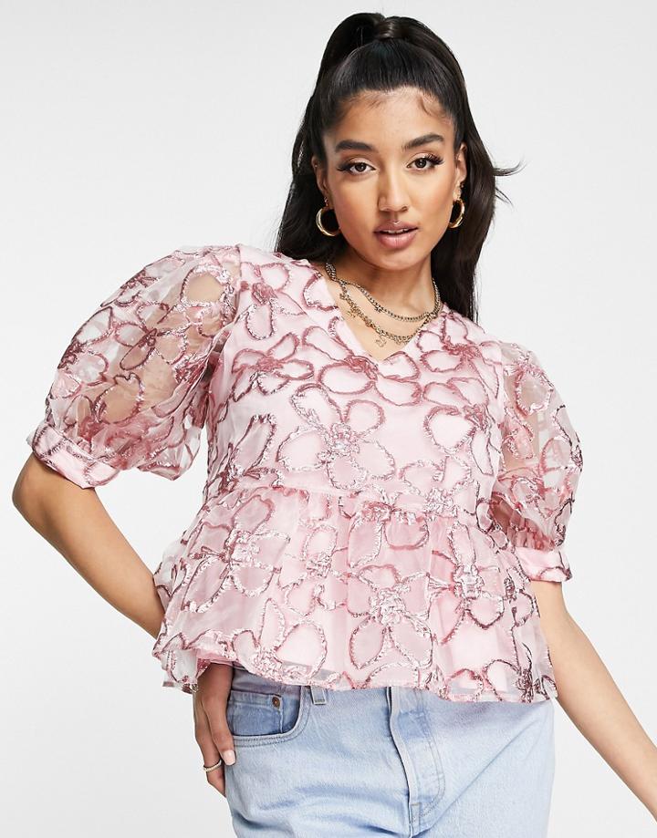 Pieces Premium Embroidered Floral Puff Sleeve Peplum Top In Pink