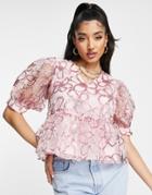 Pieces Premium Embroidered Floral Puff Sleeve Peplum Top In Pink