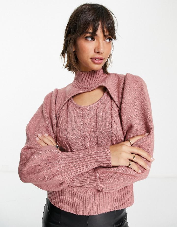 Fashion Union Cut Out Cable Knit Crop Sweater-pink