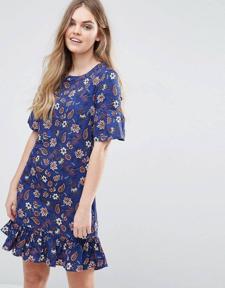 Vila Printed Drop Hem Shift Dress With Frill Sleeve - Navy