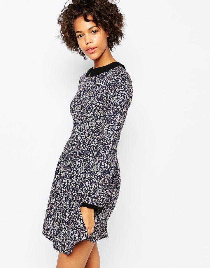 Brave Soul Ditsy Print Collared Skater Dress - Navy