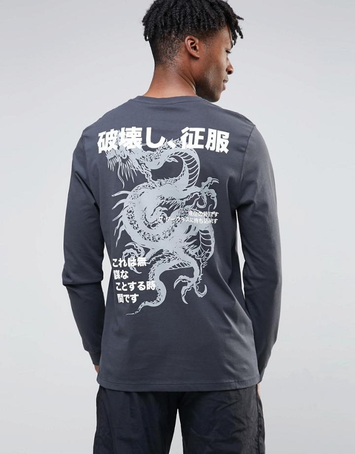 Asos Longline Long Sleeve T-shirt With Dragon Back Print - Black