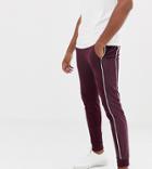 Asos Design Tall Super Skinny Joggers In Velour With Velour Side Stripe And Piping In Burgundy - Red