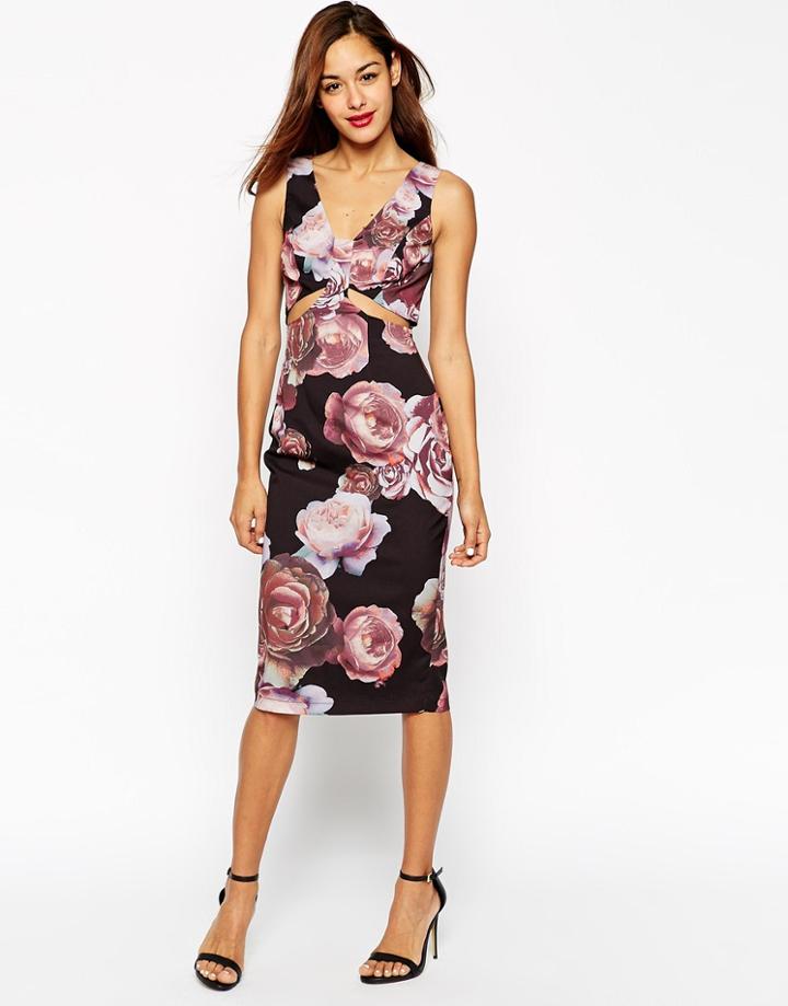 Asos Dark Floral Soft Cut Out Pencil Dress - Multi
