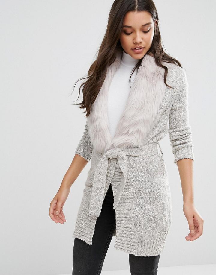 Lipsy Fur Trim Cardigan - Gray
