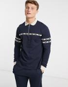Asos Design Co-ord Long Sleeve Polo Shirt With Zip Neck And Taping In Navy