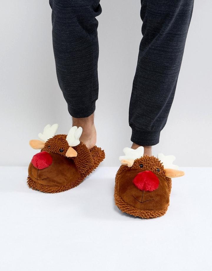 New Look Reindeer Slippers In Brown - Brown