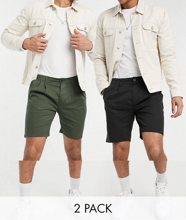 Asos Design 2 Pack Cigarette Chino Shorts In Black And Dark Green Save-multi