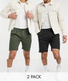 Asos Design 2 Pack Cigarette Chino Shorts In Black And Dark Green Save-multi