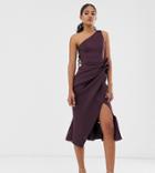 Asos Design Tall One Shoulder Tucked Peplum Pencil Midi Dress - Purple