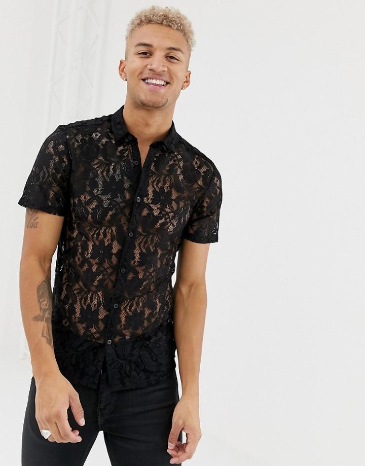 Asos Design Skinny Fit Lace Shirt In Black - Black