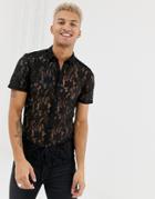 Asos Design Skinny Fit Lace Shirt In Black - Black