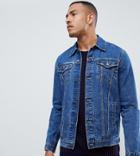 Asos Design Tall Denim Jacket In Mid Blue Wash - Blue
