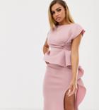 Asos Design Petite Midi Dress With Tuck Detail And Pep Hem - Pink