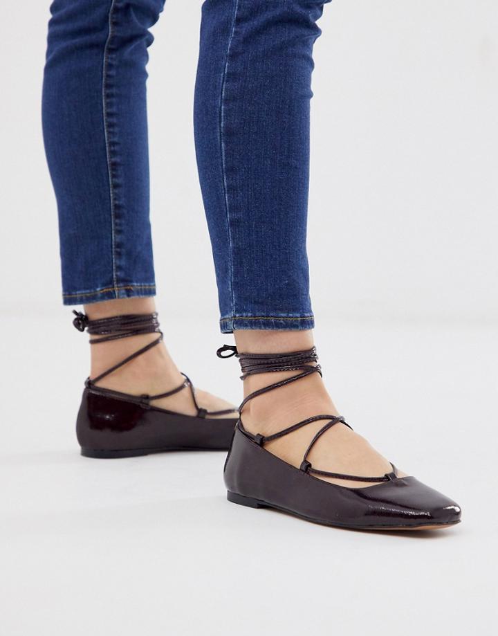 Asos Design Laffy Ghillie Ballet Flats In Burgundy - Red
