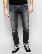 Diesel Jeans Thavar 673p Slim Fit Stretch Distressed Light Gray Wash - Light Gray