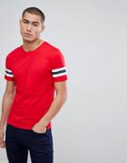 Only & Sons Longline T-shirt With Stripe Sleeve Detail - Red